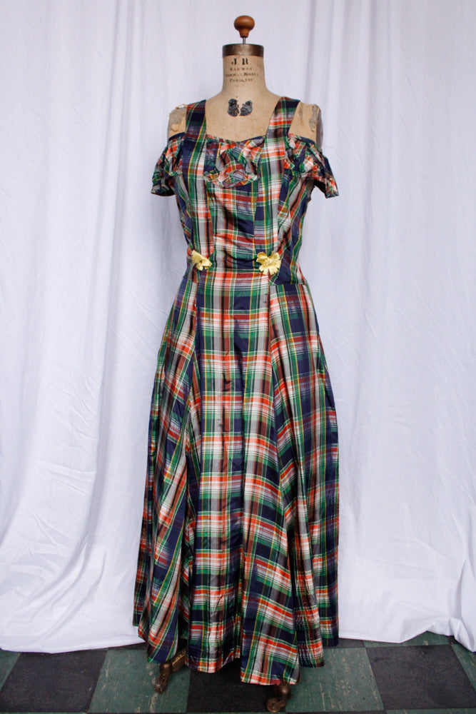 1940s Plaid Silk Taffeta Gown - Small