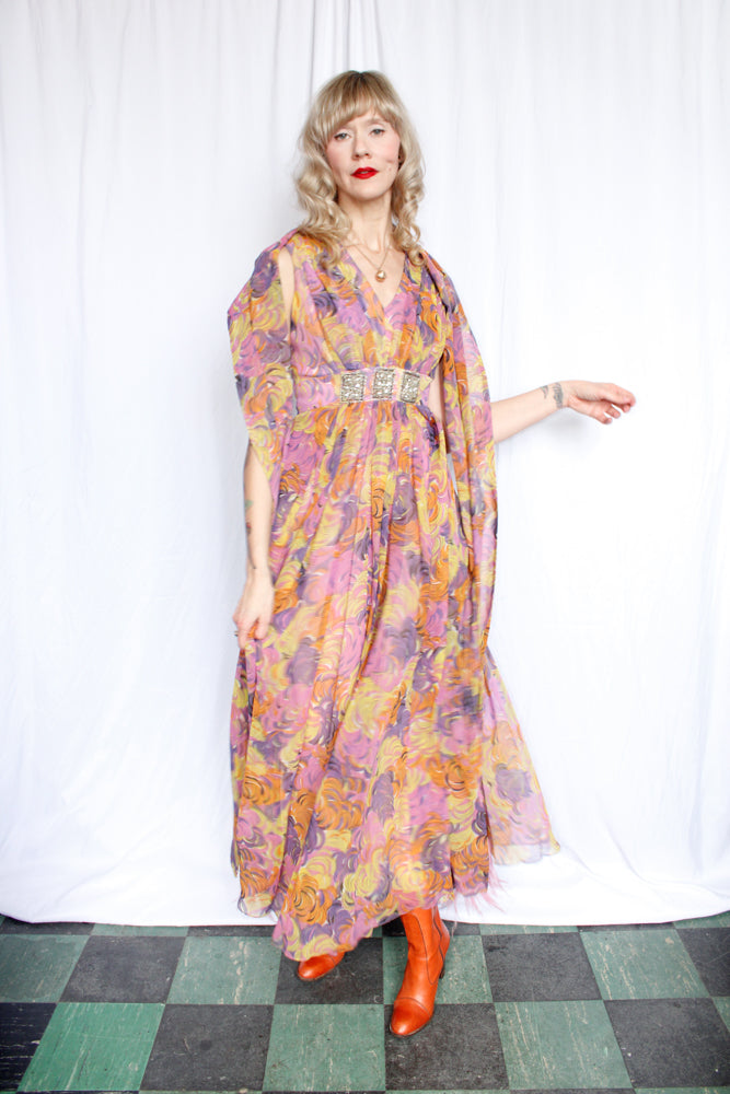 1960s Palm Royale Floral Maxi Dress with Matching Feathered Scarf - Small
