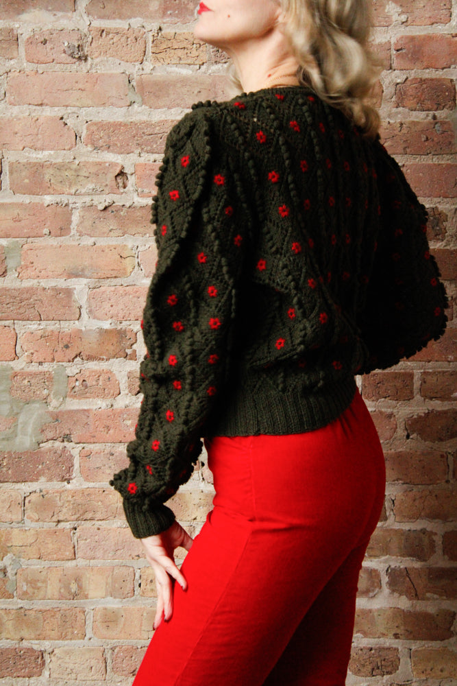 1980s Austrian Knit Green & Red Puff Sleeve Sweater - M/L 1960s Carliss Red Corduroy Pedal Pushers - S/M