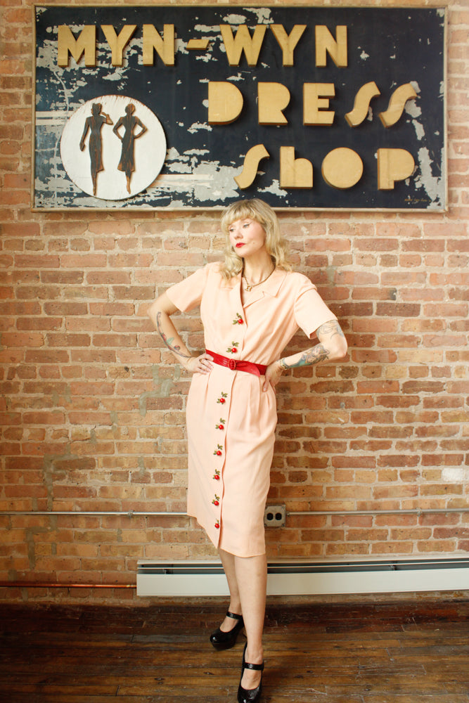 1940s Cherry Blossom Pink Rayon Dress - Medium