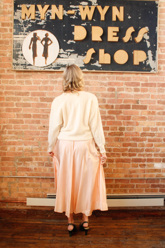 1990s Neiman Marcus Ivory Cashmere Cable Knit Sweater - Large & 1940s Ballerina Slipper Pink Nylon Taffeta Skirt - Xsmall