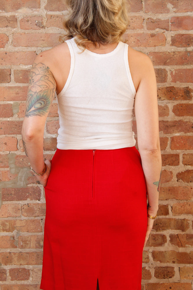 1990s Cotton Red Pencil Skirt - Small