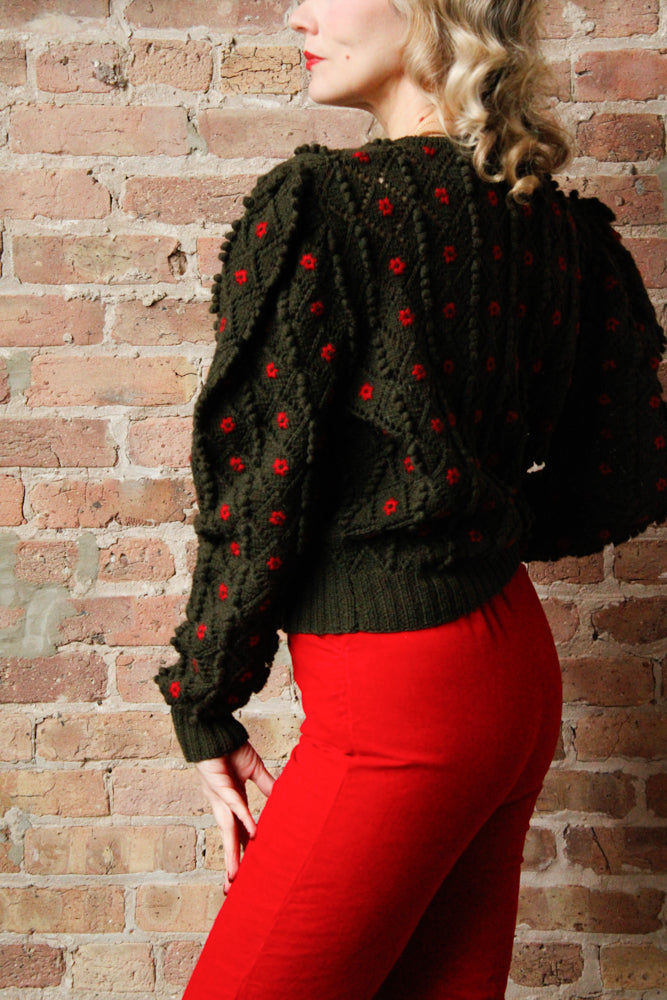 1980s Austrian Knit Green & Red Puff Sleeve Sweater - M/L 1960s Carliss Red Corduroy Pedal Pushers - S/M