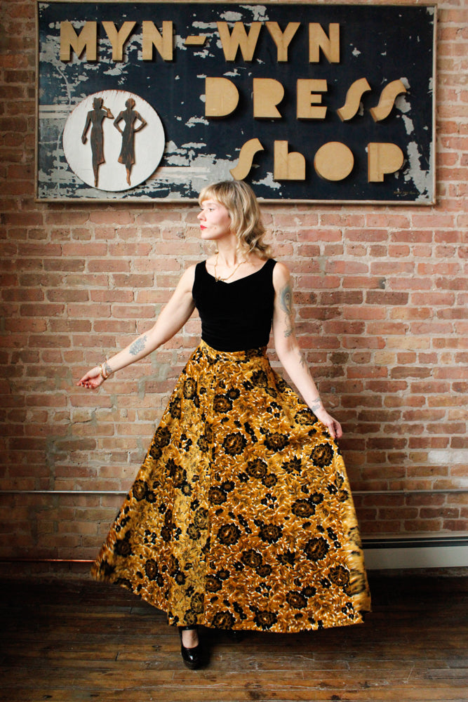 1960s Gold & Black Floral Tapestry Maxi Skirt - 27" waist