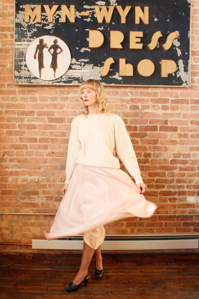 1990s Neiman Marcus Ivory Cashmere Cable Knit Sweater - Large & 1940s Ballerina Slipper Pink Nylon Taffeta Skirt - Xsmall