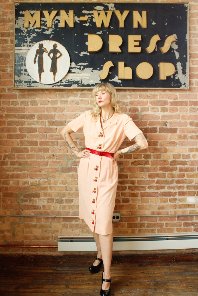 1940s Cherry Blossom Pink Rayon Dress - Medium