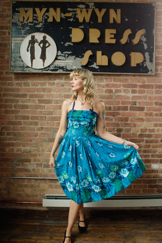 1950s Hawaiian Floral blue Cotton Dress - S/M