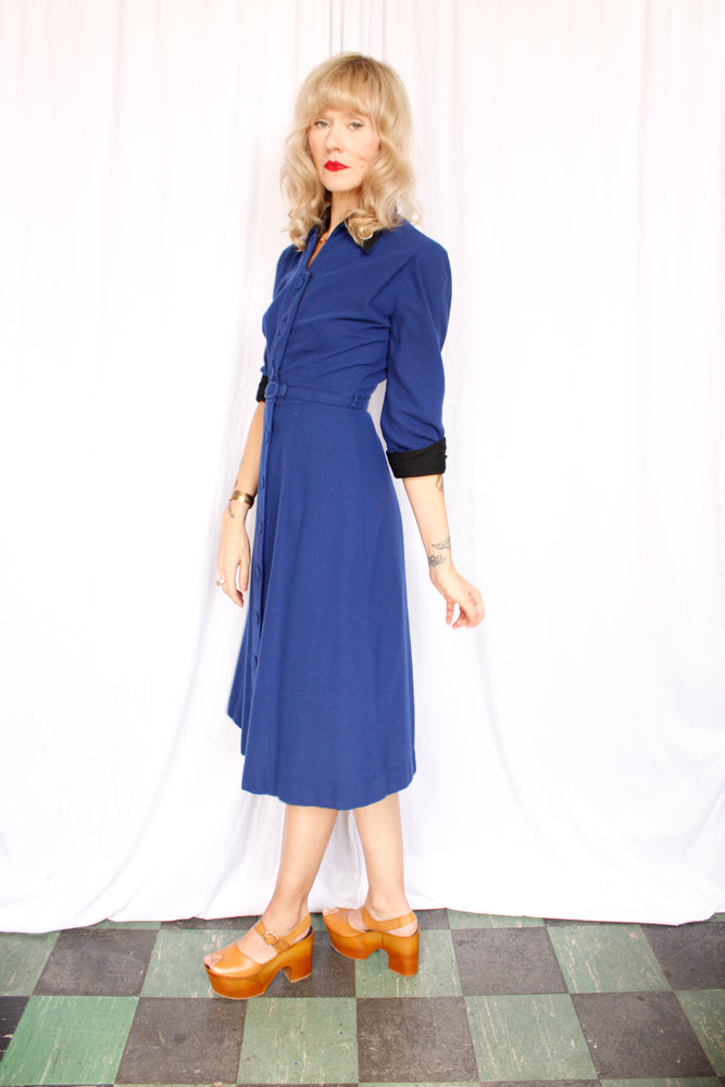 1950s Georgiana Blue Wool Dress - Small
