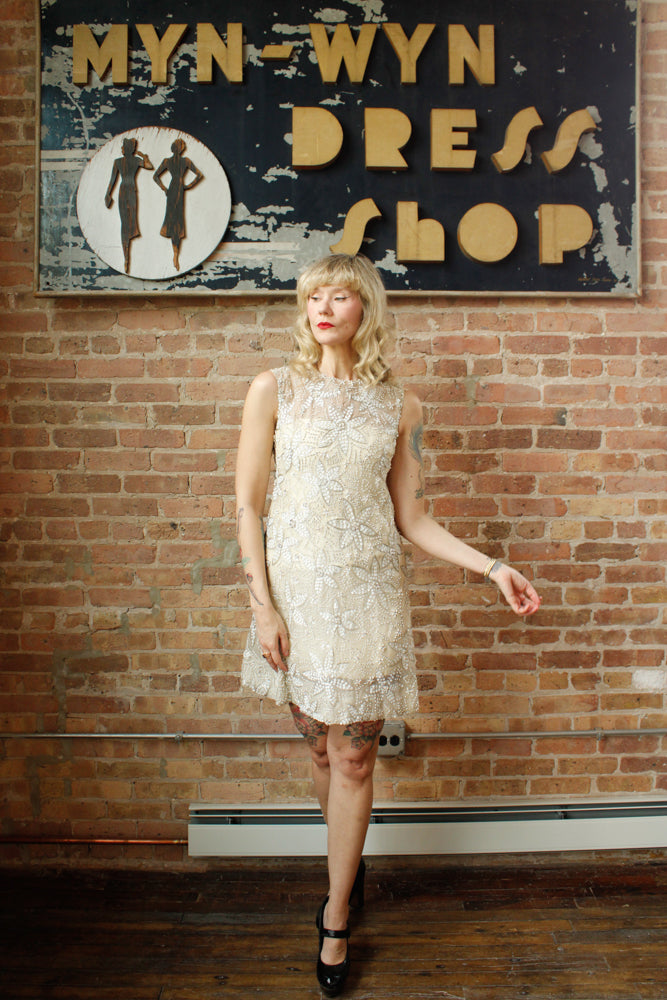 1960s Sequined and Beaded Star Flower Silk Mini Dress by Malcolm Starr - Xs/S