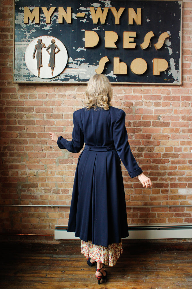 1940s Junior Deb Navy Gabardine Coat - S/M
