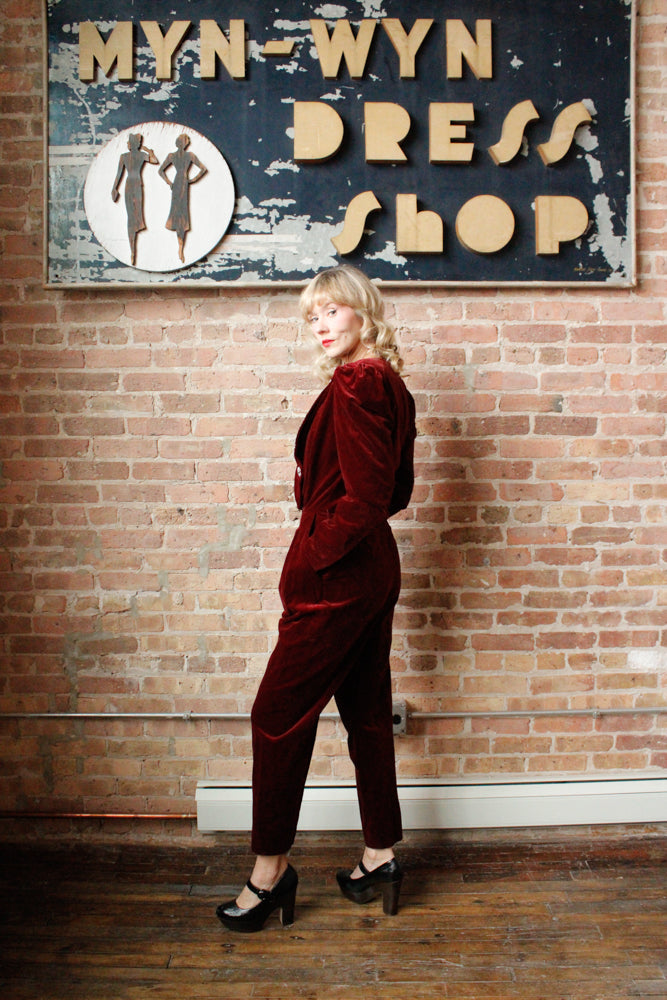 1980s Burgundy Velvet Jumpsuit - Med