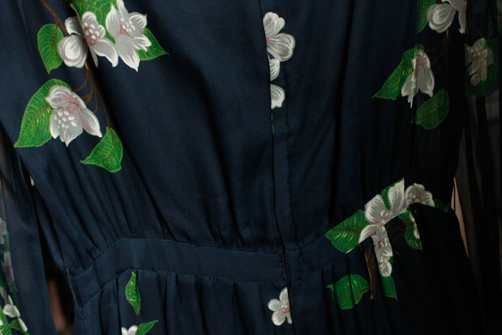 1960s Floral Silk Maxi Gown - Small