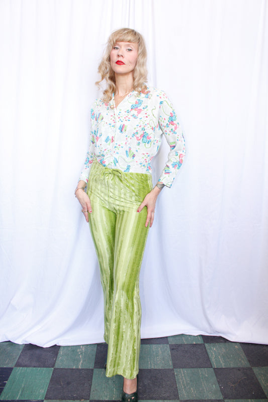 1960s Lime Green Stripe Velvet Lounge Pants - Medium