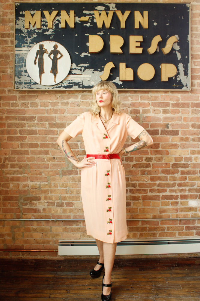 1940s Cherry Blossom Pink Rayon Dress - Medium