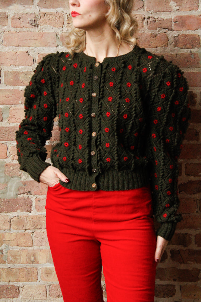1980s Austrian Knit Green & Red Puff Sleeve Sweater - M/L 1960s Carliss Red Corduroy Pedal Pushers - S/M