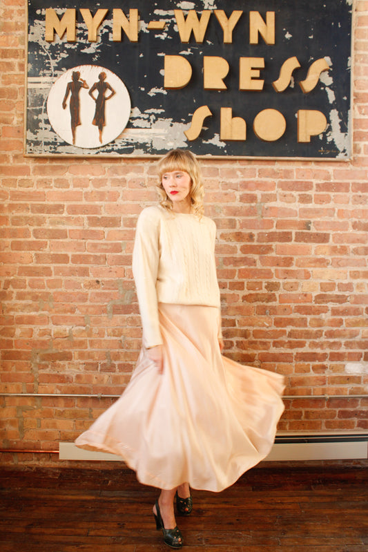 1990s Neiman Marcus Ivory Cashmere Cable Knit Sweater - Large & 1940s Ballerina Slipper Pink Nylon Taffeta Skirt - Xsmall
