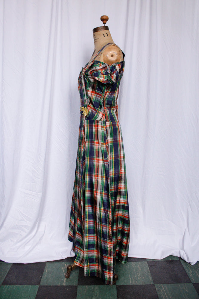 1940s Plaid Silk Taffeta Gown - Small