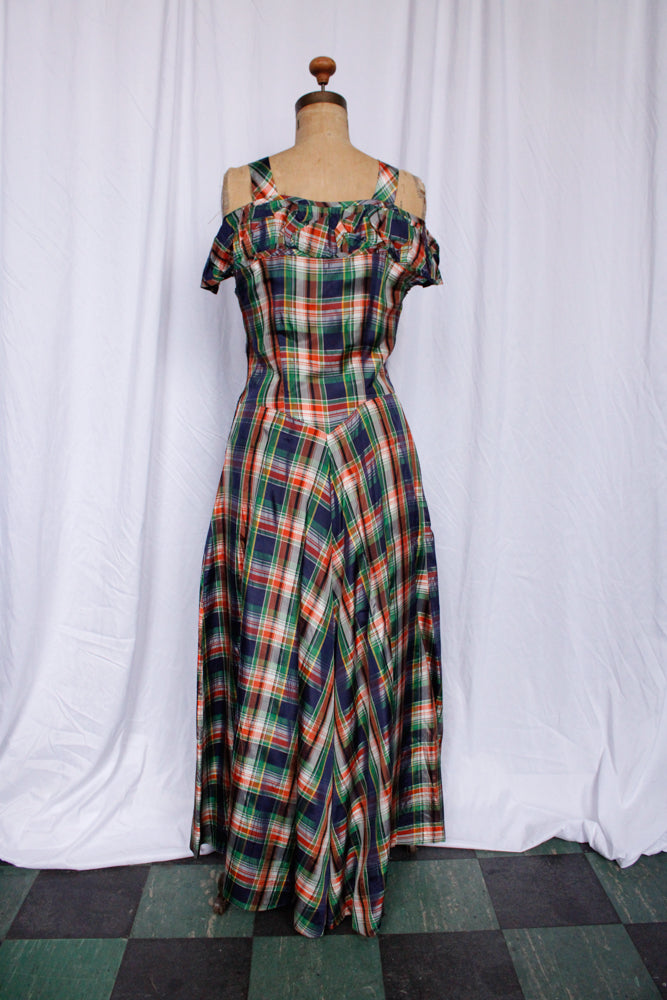 1940s Plaid Silk Taffeta Gown - Small