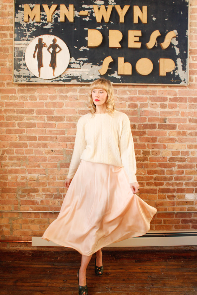 1990s Neiman Marcus Ivory Cashmere Cable Knit Sweater - Large & 1940s Ballerina Slipper Pink Nylon Taffeta Skirt - Xsmall