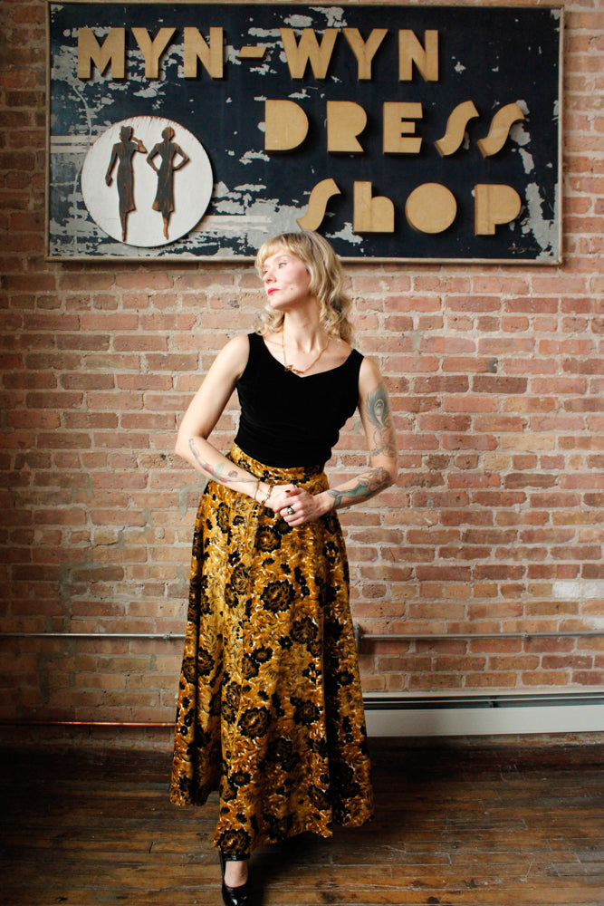 1960s Gold & Black Floral Tapestry Maxi Skirt - 27" waist