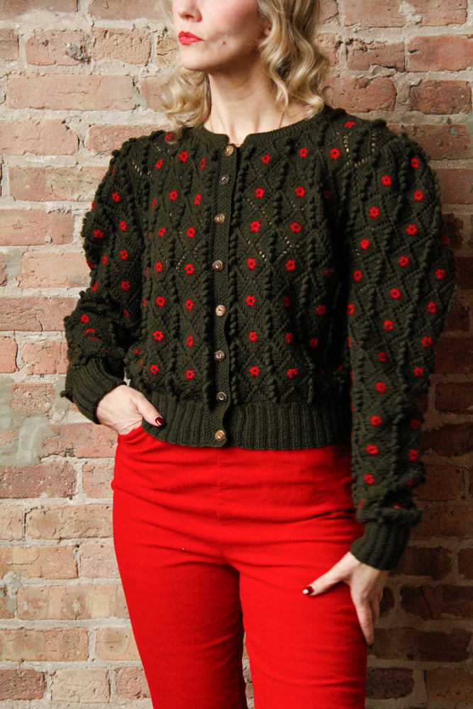 1980s Austrian Knit Green & Red Puff Sleeve Sweater - M/L