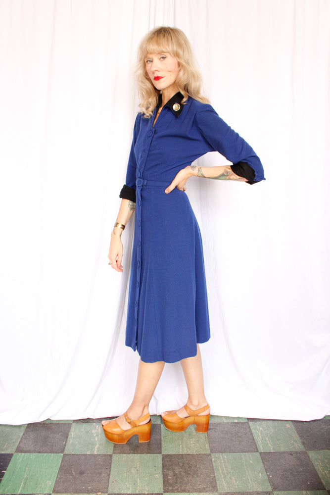 1950s Georgiana Blue Wool Dress - Small
