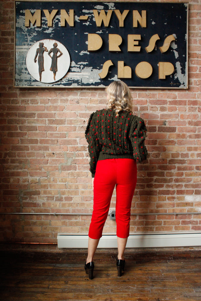 1980s Austrian Knit Green & Red Puff Sleeve Sweater - M/L 1960s Carliss Red Corduroy Pedal Pushers - S/M