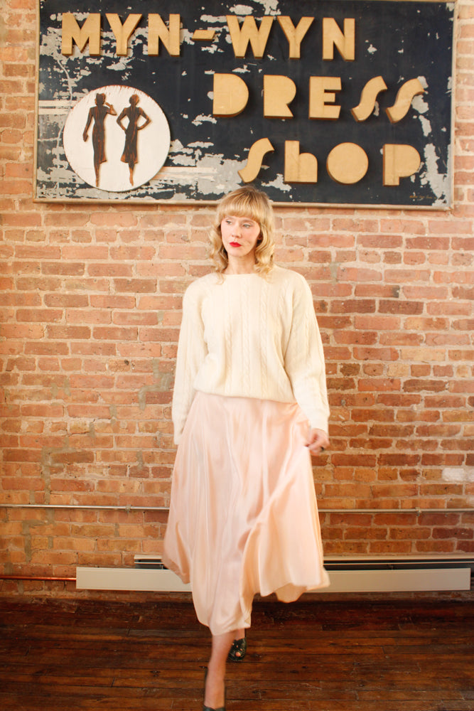 1990s Neiman Marcus Ivory Cashmere Cable Knit Sweater - Large & 1940s Ballerina Slipper Pink Nylon Taffeta Skirt - Xsmall