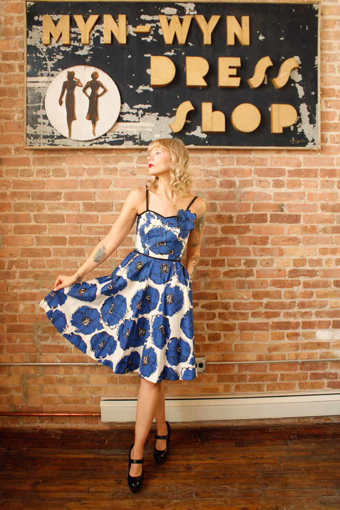 1950s Blue & Black Floral Day Dress with Appliqué Flower - Xsmall