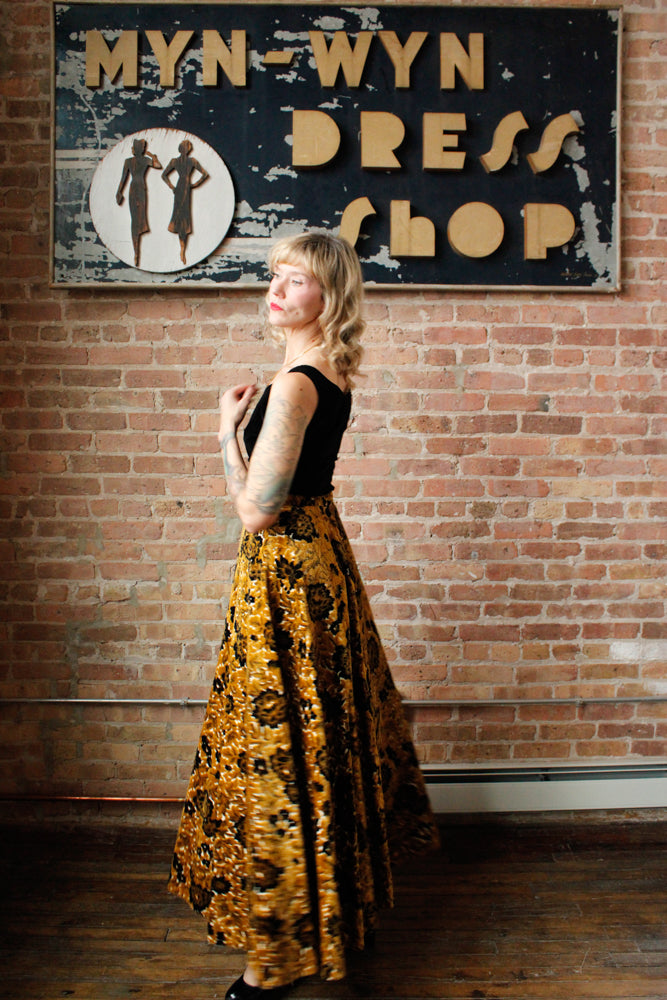 1960s Gold & Black Floral Tapestry Maxi Skirt - 27" waist