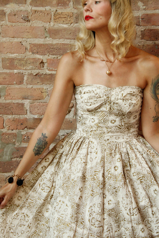 1950s Gold Flocked Strapless Party Dress - Small