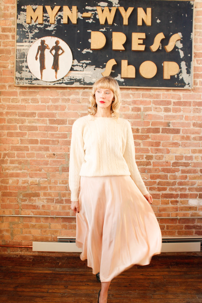1990s Neiman Marcus Ivory Cashmere Cable Knit Sweater - Large & 1940s Ballerina Slipper Pink Nylon Taffeta Skirt - Xsmall