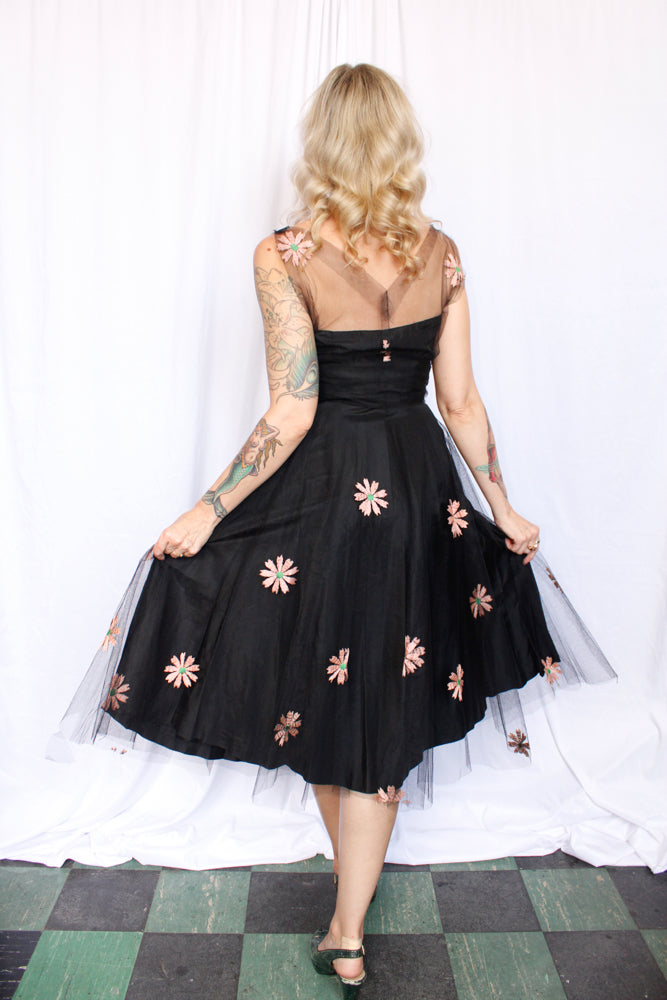 1940s Doris Dodson Embroidered Tulle Party Dress - Xsmall