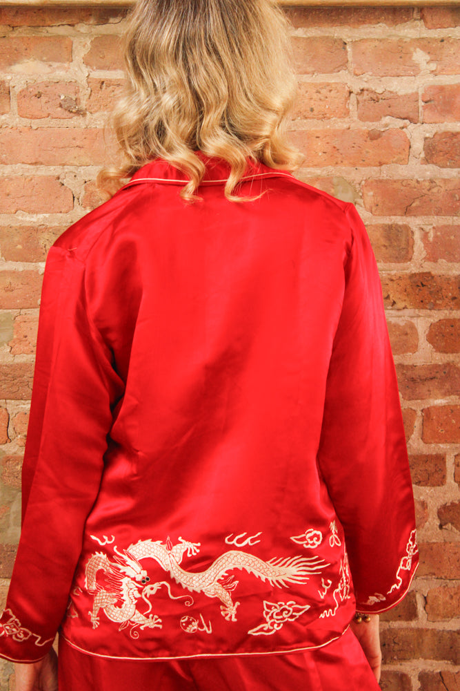 1920s Japanese Silk Souvenir 3pc Pajamas - Small