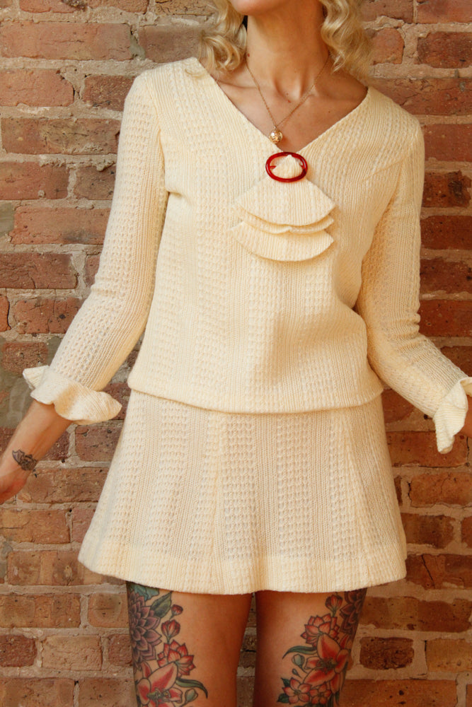 1960s Ivory Knit Mini Dress - Small