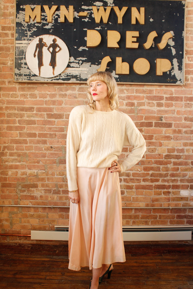 1990s Neiman Marcus Ivory Cashmere Cable Knit Sweater - Large & 1940s Ballerina Slipper Pink Nylon Taffeta Skirt - Xsmall