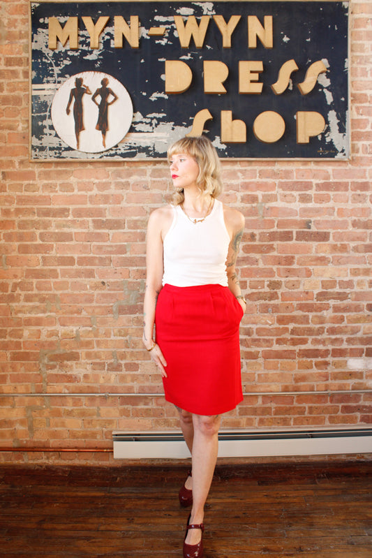 1990s Cotton Red Pencil Skirt - Small
