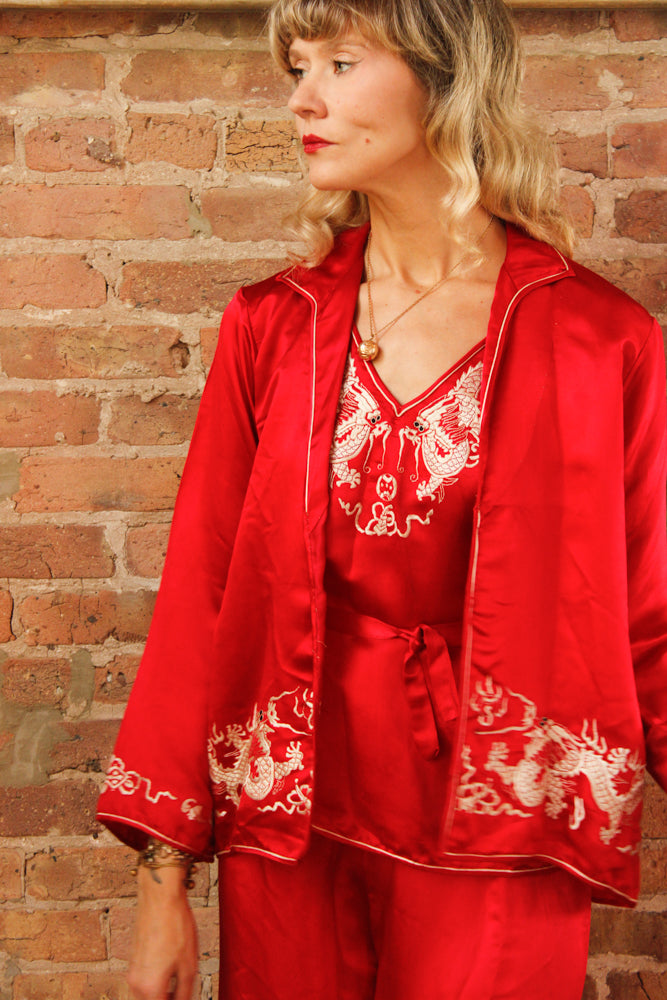 1920s Japanese Silk Souvenir 3pc Pajamas - Small
