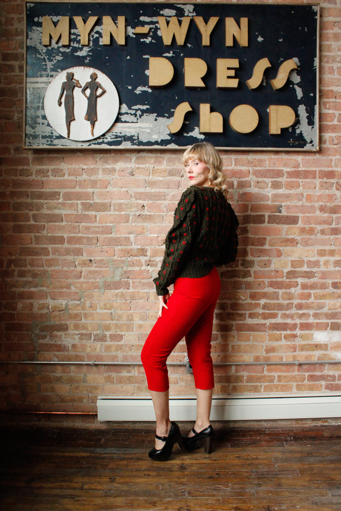 1980s Austrian Knit Green & Red Puff Sleeve Sweater - M/L 1960s Carliss Red Corduroy Pedal Pushers - S/M