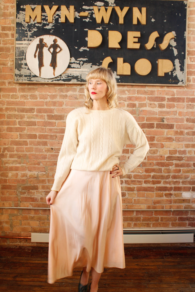 1990s Neiman Marcus Ivory Cashmere Cable Knit Sweater - Large & 1940s Ballerina Slipper Pink Nylon Taffeta Skirt - Xsmall
