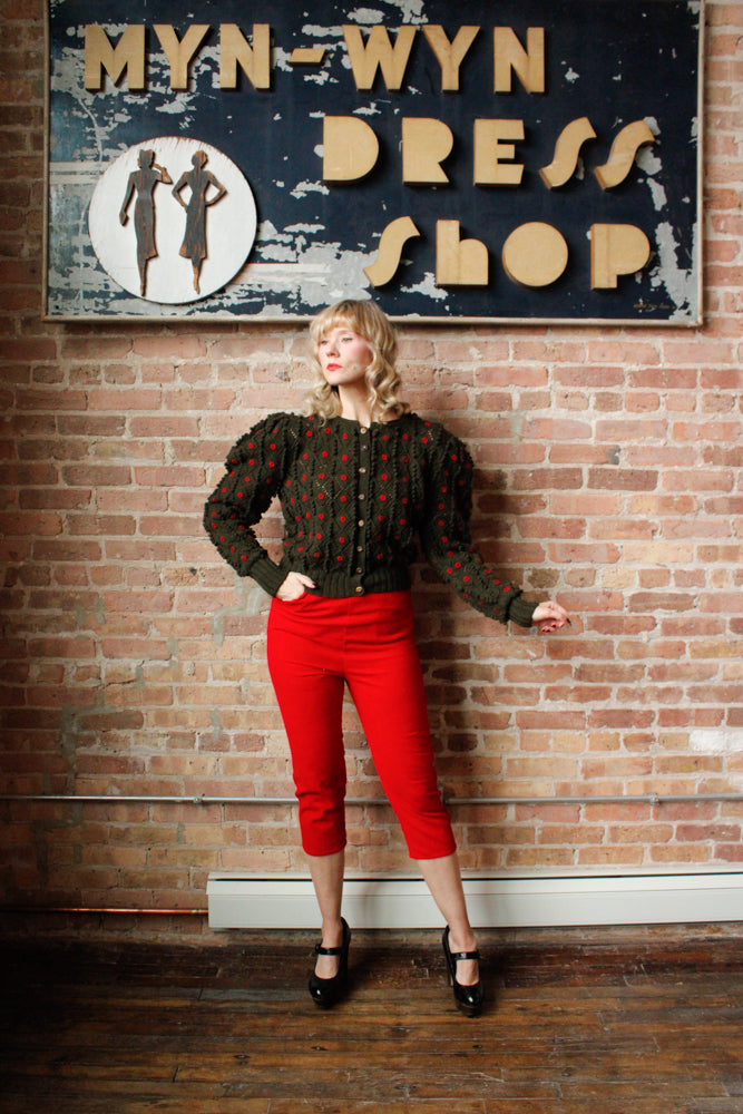 1980s Austrian Knit Green & Red Puff Sleeve Sweater - M/L 1960s Carliss Red Corduroy Pedal Pushers - S/M