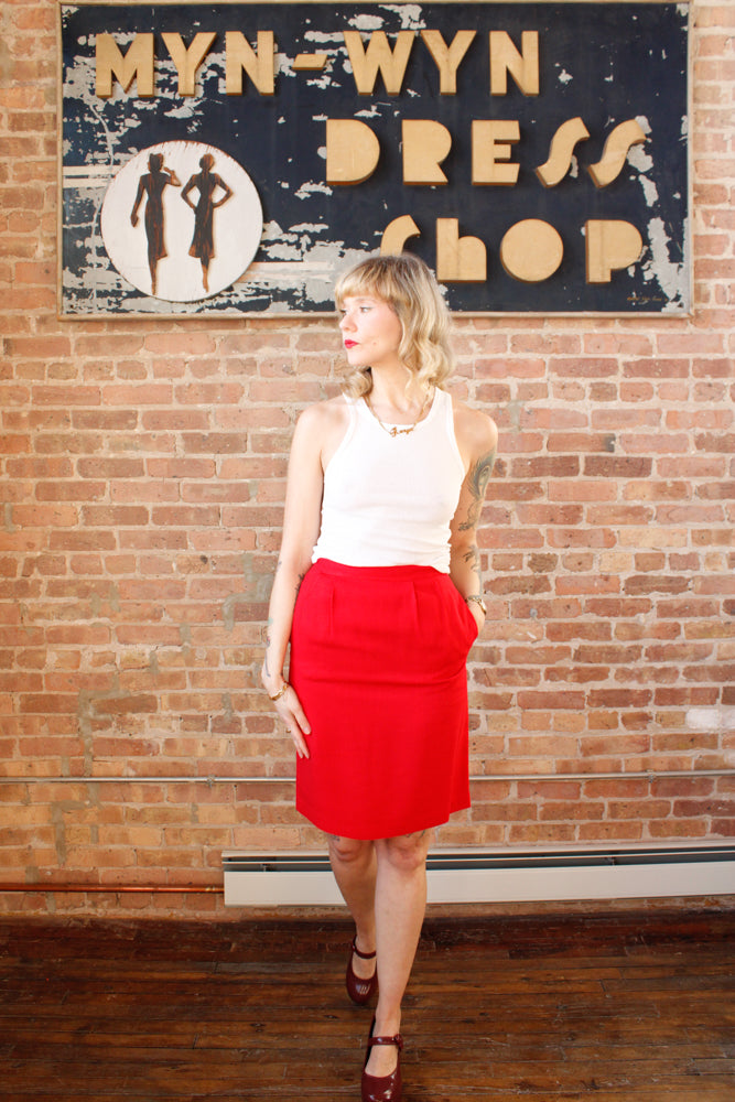 1990s Cotton Red Pencil Skirt - Small