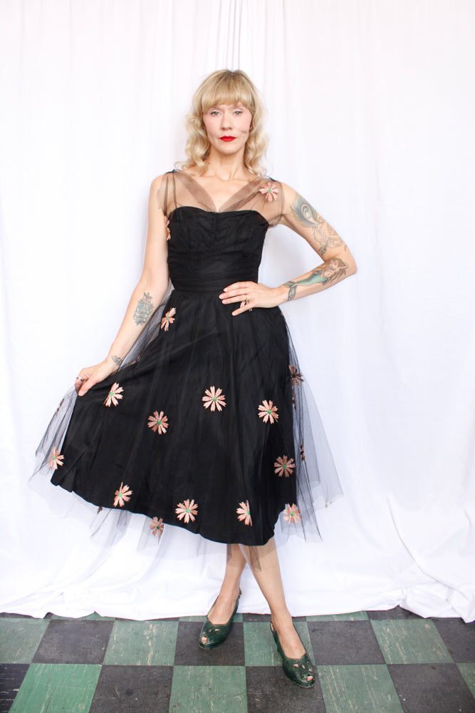 1940s Doris Dodson Embroidered Tulle Party Dress - Xsmall