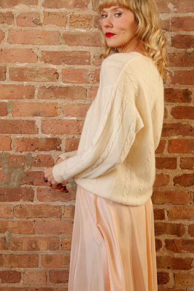 1990s Neiman Marcus Ivory Cashmere Cable Knit Sweater - Large & 1940s Ballerina Slipper Pink Nylon Taffeta Skirt - Xsmall