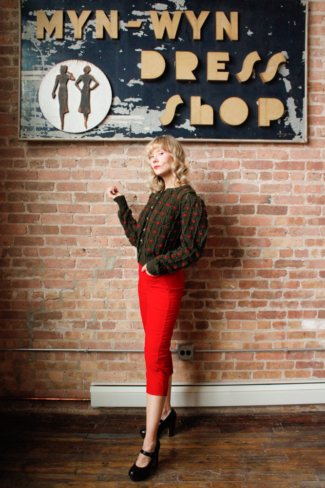 1980s Austrian Knit Green & Red Puff Sleeve Sweater - M/L 1960s Carliss Red Corduroy Pedal Pushers - S/M