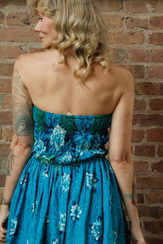 1950s Hawaiian Floral blue Cotton Dress - S/M