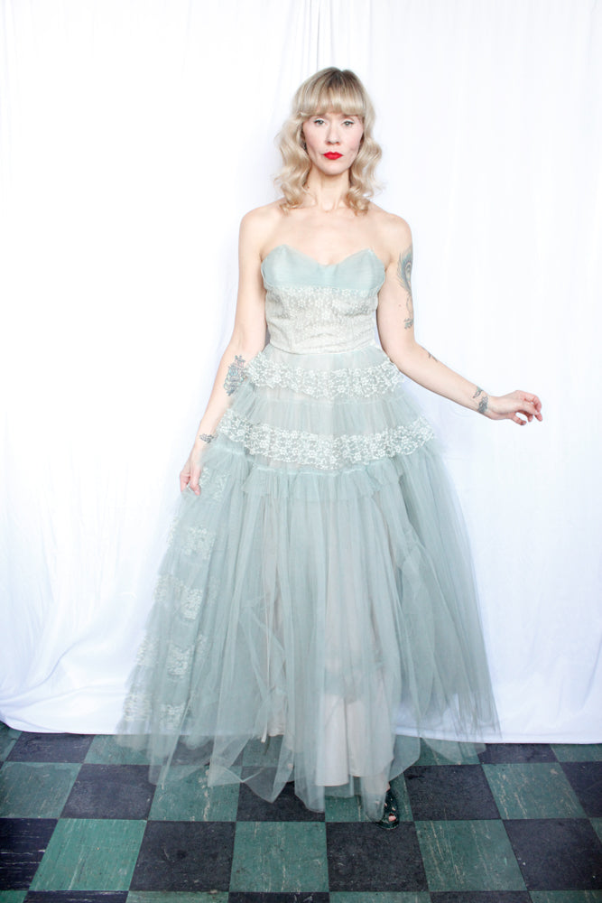 1950s Icy Blue Tiered Lace Strapless Tulle Party Dress - XSmall