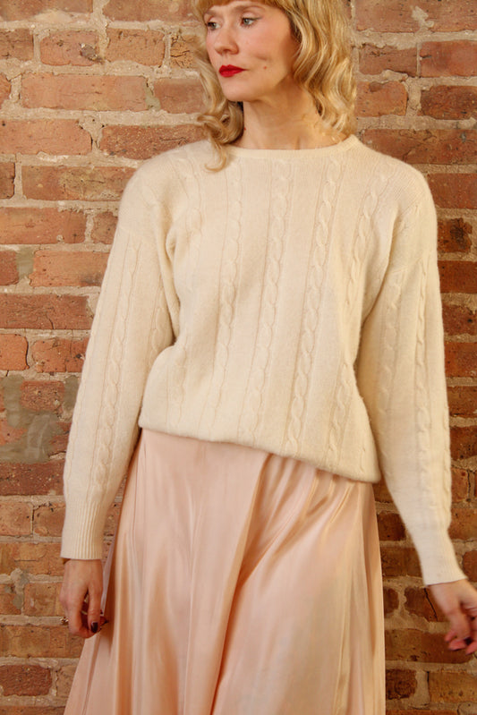 1990s Neiman Marcus Ivory Cashmere Cable Knit Sweater - Large & 1940s Ballerina Slipper Pink Nylon Taffeta Skirt - Xsmall