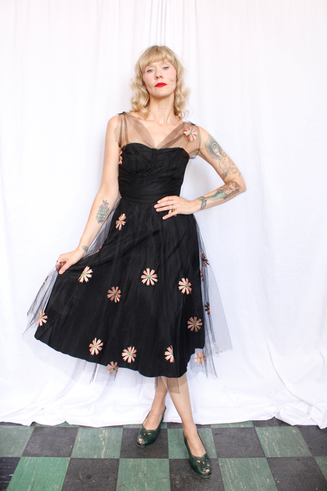 1940s Doris Dodson Embroidered Tulle Party Dress - Xsmall