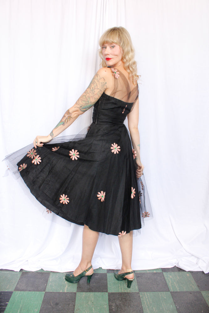 1940s Doris Dodson Embroidered Tulle Party Dress - Xsmall